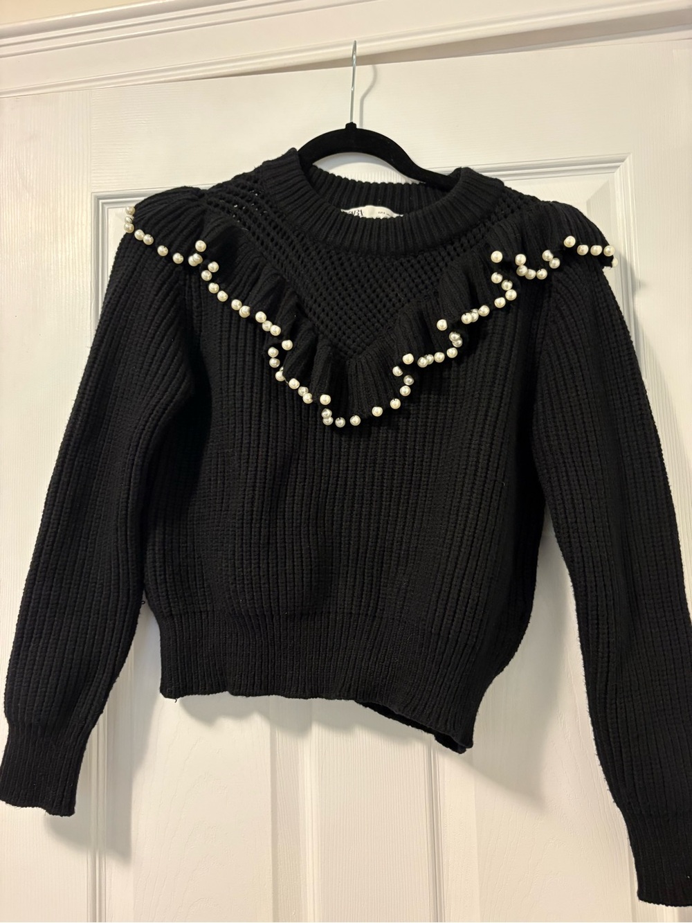 Zara black sweat sweater with pearl frill small S